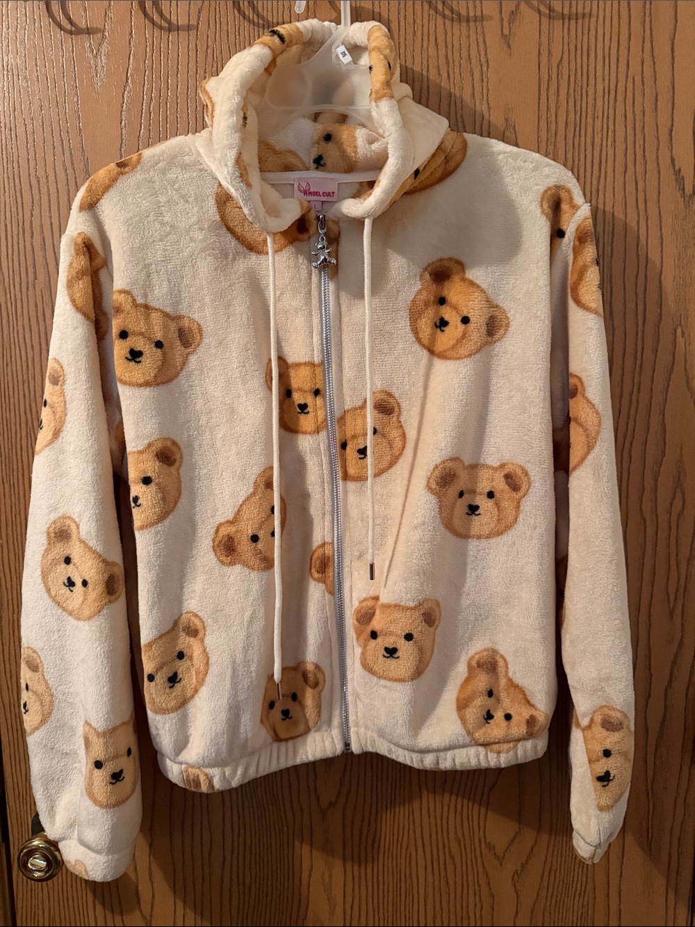 Cozy Cream Bear Print Zip-Up Hoodie - Kids